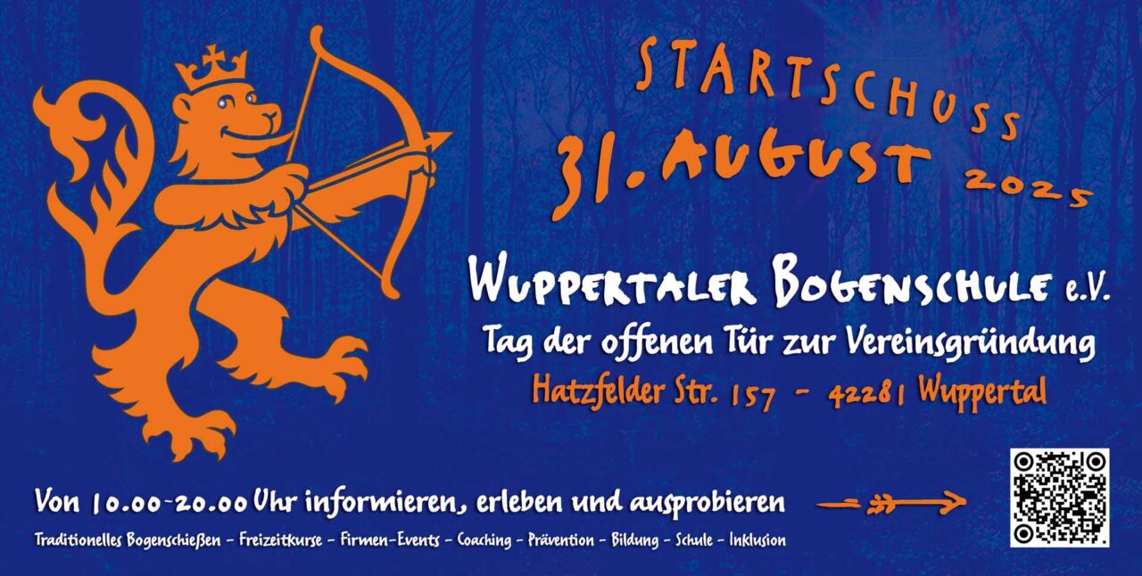 Flyer zur Eröffnungsfeier der BogenArena am 31. August 2025 mit Programmhinweisen wie freiem Bogenschießen, 3D-Zielen, Musik und Mitmachaktionen.