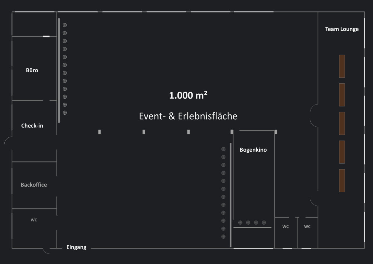 Grundriss der 1.000 m² großen Event- und Erlebnisfläche der Bogenarena Wuppertal mit Team Lounge, Bogenkino und Zielbereichen.